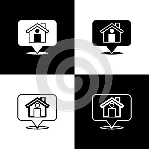 Set Map pointer with house icon isolated on black and white background. Home location marker symbol. Vector