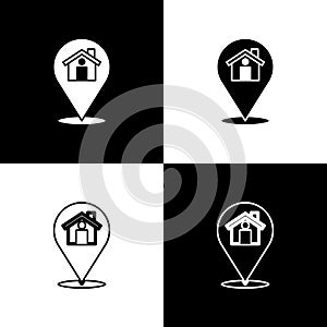 Set Map pointer with house icon isolated on black and white background. Home location marker symbol. Vector