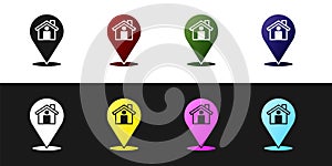 Set Map pointer with house icon isolated on black and white background. Home location marker symbol. Vector