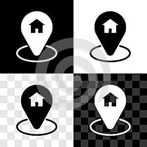 Set Map pointer with house icon isolated on black and white, transparent background. Home location marker symbol. Vector