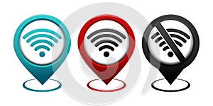 Set of map pointer with network wifi icon. Internet signal, wireless location design concept.