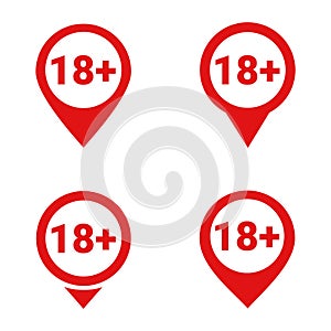 Set of map pointer with 18 plus icon. Age restriction sign. Under 18 not allowed sign.