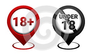 Set of map pointer with 18 plus icon. Red map pin. Age restriction sign. Under 18 not allowed sign.