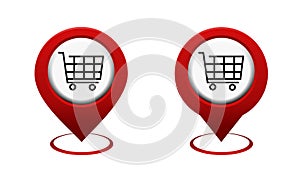 Set of map pointer with shoping cart icon. Red map pin. Store and supermarket location.
