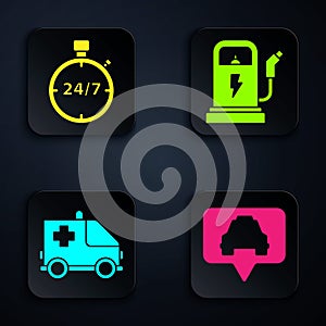 Set Map pointer with taxi, Stopwatch 24 hours, Ambulance and emergency car and Electric car charging station. Black