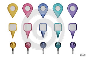 Set of map pointers in metallic colors isolated on white backgrounds. Location pin or navigation front view. 3D Locator mark of