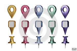 Set of map pointers in metallic colors isolated on white backgrounds. Location pin or navigation front view. 3D Locator mark of
