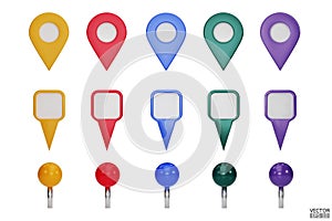 Set of map pointers in various colors isolated on white backgrounds. Location pin or navigation front view. 3D Locator mark of
