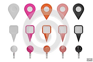 Set of map pointers in various colors isolated on white backgrounds. Location pin or navigation front view. 3D Locator mark of