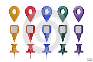 Set of map pointers in various colors isolated on white backgrounds. Location pin or navigation front view. 3D Locator mark of