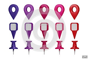 Set of map pointers in various colors isolated on white backgrounds. Location pin or navigation front view. 3D Locator mark of
