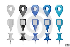 Set of map pointers in various colors isolated on white backgrounds. Location pin or navigation front view. 3D Locator mark of