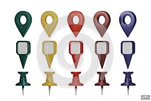 Set of map pointers in various colors isolated on white backgrounds. Location pin or navigation front view. 3D Locator mark of