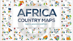 Set of maps of the countries of Africa. Image of global maps in the form of regions regions of African countries. Flags of