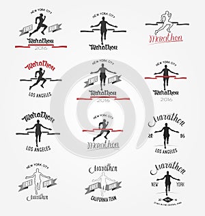 Set of marathon logotypes, long distance running and competition