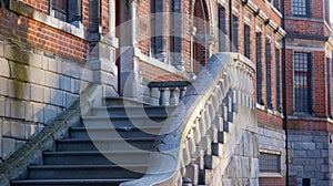 A set of marble stairs curves dramatically up the side of a tall brick building. The elegant steps are frequented by photo