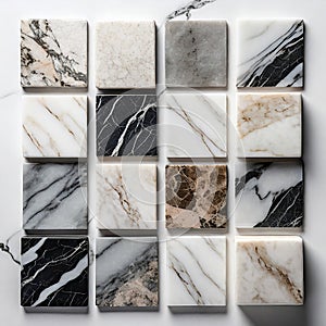 Set of marble tiles isolated on white background. Marble texture with natural pattern