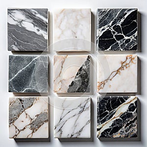 Set of marble tiles isolated on white background. Marble texture with natural pattern