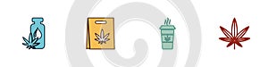Set Marijuana or cannabis leaf oil, Shopping bag of marijuana, Cup coffee with and icon. Vector