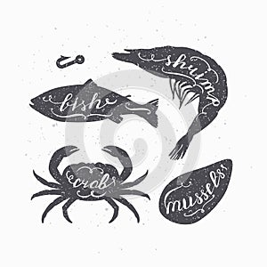 Set of marine animals silhouettes with lettering signs. Fish, crab, shrimp and mussels. Seafood shop