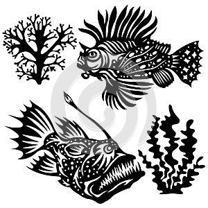 Set of marine or aquarium decorative fish in black with various patterns. A collection of inhabitants of the underwater world