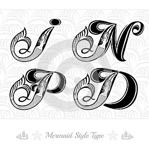 Set of marine capital letter with swiming mermaid - d, i, p, n