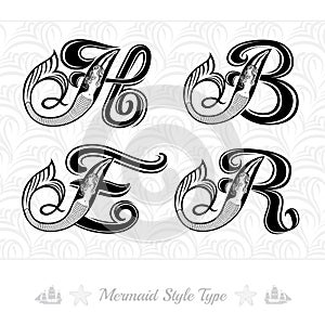 Set of marine capital letter with swiming mermaid - h, b, e, r