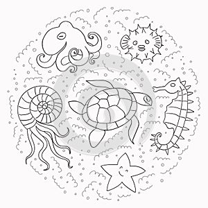 Set of marine inhabitants handdrawn doodle outline. Octopus, seahorse, pufferfish, starfish, poulpe, shell, sea turtle for logo,