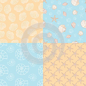 A set of marine and marine seamless patterns in orange and blue
