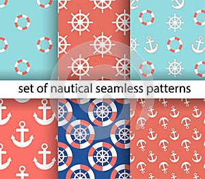 Set of marine and nautical backgrounds. Sea theme. Seamless patterns collection. Vector illustration
