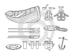 Set of marine safety elements, wooden lifeboat, lifejacket, lifebuoy, peakless  cap, oars