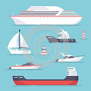 Set of marine ships, boats, yachts and sailing tanker. Marine buoy. Vector, illustration in flat style isolated on blue