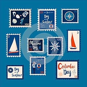Set of marine theme stamps. Day of the Seafarer, Columbus day, Maritime day vector illustration.