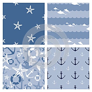 Set of 4 marine themed seamless patterns