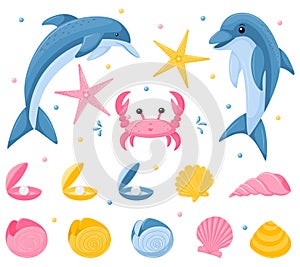 A set of marine underwater animals. Dolphins, crab, seashells and starfish. Cute characters in a flat, cartoon style. Vector