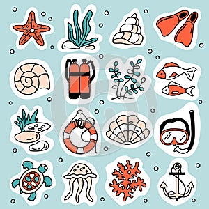A set of marine vector stickers on an isolated background. Shells, diving accessories, underwater world