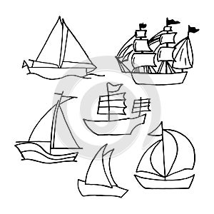 Set of marine vehicle icon. hand drawn vector. sailboat, yacht, boat illustration isolated on white background. doodle art for wal