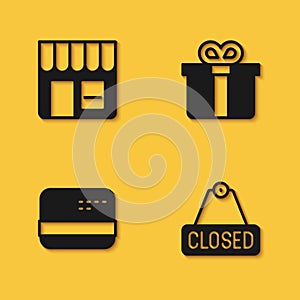 Set Market store, Hanging sign with text Closed, Credit card and Gift box icon with long shadow. Vector
