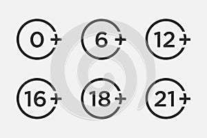 Set marks age limit sing restriction. Vector icons for children censoring content photo