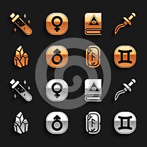 Set Mars, Dagger, Gemini zodiac, Magic runes, stone, Ancient magic book, Bottle with potion and Venus icon. Vector