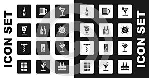 Set Martini glass, Bottles of wine, Wine, Beer bottle, Alcohol 18 plus, Wooden beer mug, Cocktail and corkscrew icon