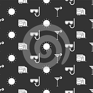 Set Martini glass, Rv Camping trailer, Sun and Diving mask and snorkel on seamless pattern. Vector