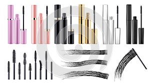 Set of mascara tubes, eyelash brushes and black brush strokes, isolated on white background. Mockups for advertising or magazine
