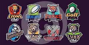 Set of mascots and sports logos. Mascots and sports logos for clubs and teams. Lion, bear, fox, lynx, golf, rugby