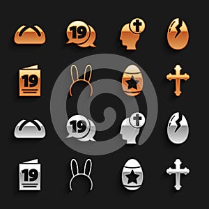 Set Mask with long bunny ears, Broken egg, Christian cross, Easter, Greeting card Happy, Human head christian, cake and