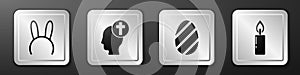 Set Mask with long bunny ears, Human head with christian cross, Easter egg and Burning candle icon. Silver square button