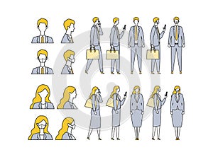 Set of masked businessman in different poses. Concept for teleworking