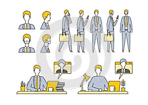 Set of masked businessman in different poses. Concept for teleworking. Vector illustration in flat style