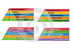 Set of Maslow pyramid hierarchy of needs, motivation model growth triangle symbol, chart vector illustration