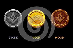 Set Masonic coins with masonic square and compass symbol. Vector Masonic Symbol, sacred society. Wooden, stone and